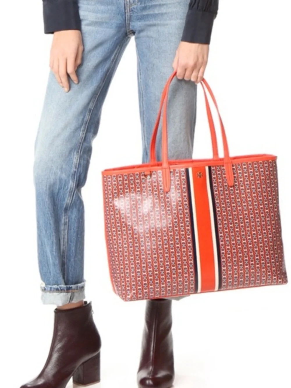 Tory Burch Red Printed Center-Stripe Tote- Gemini Link